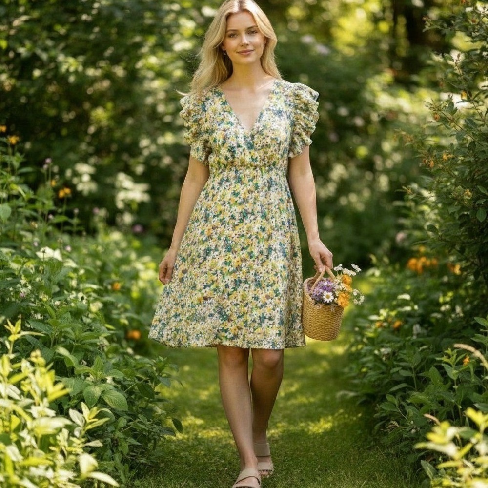 Umgee Yellow Floral Daisy Ruffle Sleeve Lace Up Back Cotton Mini Dress M New